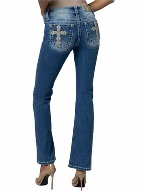 MISS ME Cross Pocket Mid Rise Boot Cut Jeans Blue Denim Size 26 x 30 New